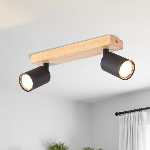 LVWIT Deckenleuchte LED 2 Flammig, Modern Deckenstrahler Schwenkbar, Spot Deckenleuchte Holz Schwarz, GU10 Deckenlampe Spots für Küche, Schlafzimmer, Wohnzimmer (Ohne Leuchtmittel)