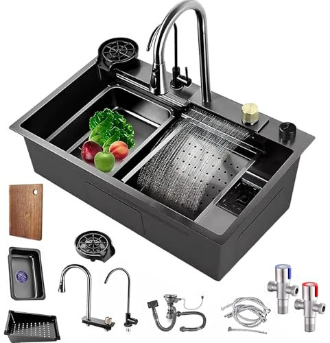 Edelstahl-Küchenspüle 68x45cm – Multifunktionale Wasserfall-Spüle mit Ein-Knopf-Abfluss, inkl. Zubehör für Küchen, Balkone & Bars (80×45 cm)