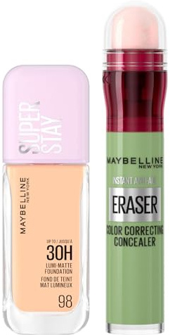 Maybelline New York Foundation, flüssig, langer Halt, Superstay Lumi Matte Farbe 98, 30 ml + Altersentferner, flüssiger Concealer, zur Abdeckung von Rötungen und dunklen Flecken, Farbe Grün, 2 Stück