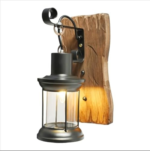 Wiyuer Retro Wandleuchte aus Metal und Holz Wand Glaslaterne Rustikal Wasserdichte Laterne Antike E27 für Hof Balkon Flur (Ohne Glühbirne)