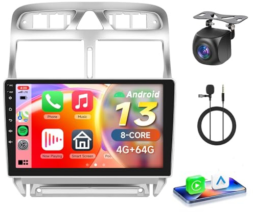 【8 Kern 4+64G】 Hodozzy Carplay Autoradio für Peugeot 307 2002-2013 Android Autoradio mit Navi,9 Zoll Touchscreen mit WiFi/GPS/RDS/FM/Bluetooth/USB/DSP