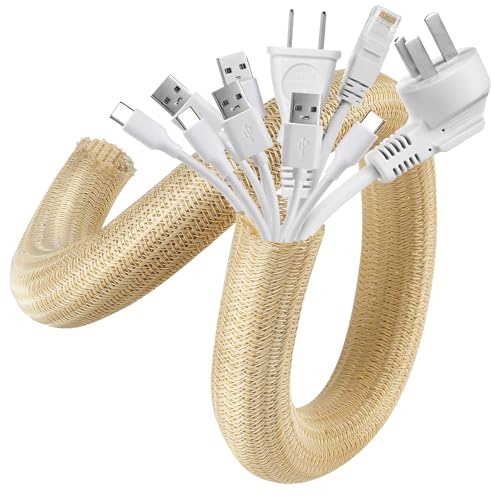 AGPTEK 25mm-3m Kabelschlauch, selbstschließend Kabelkanal, Beige | Flexibler gewebter Kabelmantel, Kabelmanagement für Schreibtisch, TV, Computer, PC, Kabelschutz für Hund, Katze