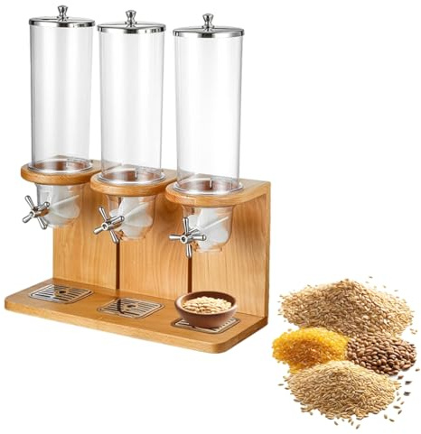 Cereal Dispenser, Three Bucket Dry Food Storage Container with PC Buckets and Wooden Base for Kitchen Countertop