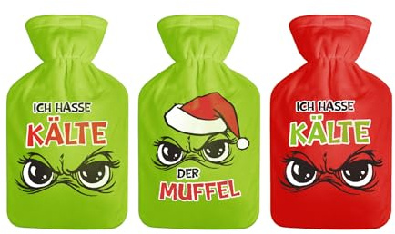 M.Kritzinger's Wärmflasche 2L mit Überzug, Weihnachtsmuffel Festtagsmuffel Design, 3 Designs (Ich hasse Kälte ROT)