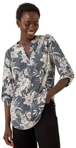 Roman Shirt for Women UK Ladies Top Collarless Blouse Stretchy Tunic Smart Casual Autumn Winter Jersey 3/4 Length Sleeve Notch V Neck Flattering Office Work - Grey Ivory - Size 14
