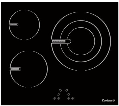 Corberó – Placa Vitrocerámica | CCVG35BF | 60cm | 3 Zonas | Zona Extra Grande 28 cm | 5700W | Control Táctil | 9 Niveles de Potencia | Bloqueo seguridad infantil | Negro