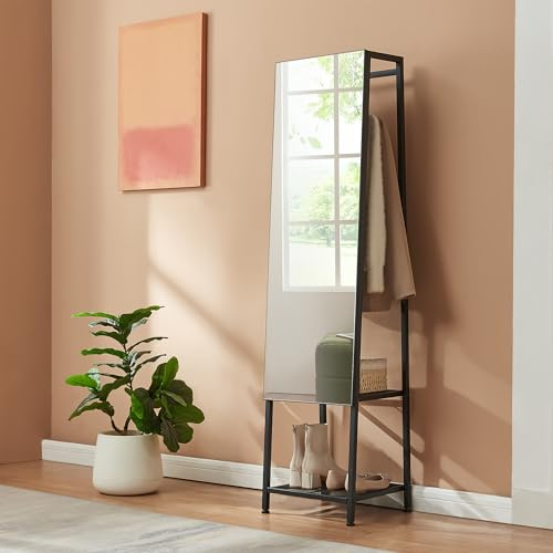[en.casa] Standspiegel Ganzkörperspiegel Klilbojle 2-in-1 Garderobenspiegel mit Kleiderständer mit 2 Ablagen 160 x 40 x 35 cm eckig Kleiderstange Schlafzimmer Schwarz