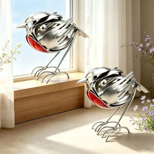 Metal Robin Garden Ornament, Silverware Bird Robin, Metal Robins (2Pcs) | Metal Robin Garden Ornament, Metal Robin Ornament for Patio Office Desk, Handcrafted Robin Statue Made from Fork & Spoon (A)