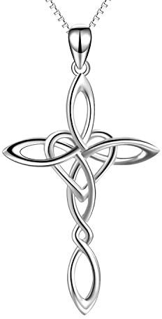 YAFEINI Collana con ciondolo a forma di croce, in argento Sterling, con nodo celtico religioso e cuore, idea regalo per donne e ragazze, 18*18, Argento sterling, Nessuna pietra preziosa