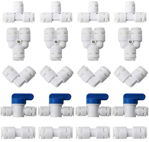 CESFONJER Wasserzulaufleitung Universal Anschluss-Set, RO Wasserfilter Fitting, 1/4 (6mm) Pushfit gerade Stecker Pack von 20 (Y + T + I + L Typ Combo + Absperrventil) Upgrade, Keine Blaue Schnalle.