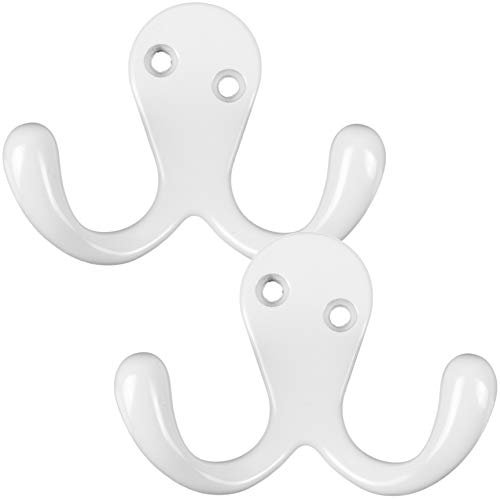 2X Heavy Duty Twin Prong Wall Hooks with a White Painted Metal Finish 50mm Ideal for Hats, Coats & Clothing