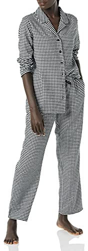 Amazon Essentials Ensemble Pantalon de Pyjama et Chemise en Flanelle à Manches Longues boutonnés sur Le Devant Femme, Blanc Noir Motif Vichy, XS