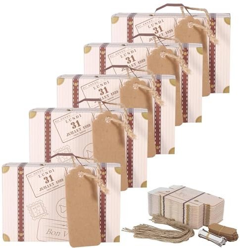 HERCHR 50 Stück Mini-Koffer, Gastgeschenkbox Für Hochzeiten Mit Anhängeschildchen Aus Kraftpapier Und Leinenschnur, Mini Koffer Gastgeschenke Hochzeitsbox Für Geburtstag, Abschlussfeier