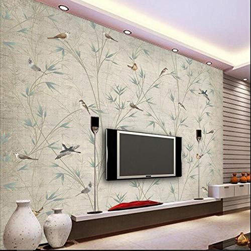 Benutzerdefinierte große Fresken europäische Nostalgie abstrakte Zweige Bambus Blumen und Vögel TV Hintergrund Wandtapete-300x210cm