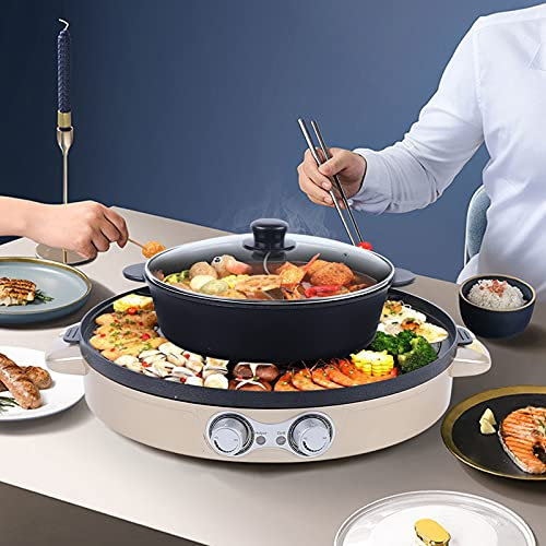 Hot Pot Bbq électrique 2 en 1 2200 W Double séparation Barbecue Maison Hot Pot 44 cm Poêle à griller Revêtement en céramique Sans fumée Intérieur Pour 5-8 personnes (doré)