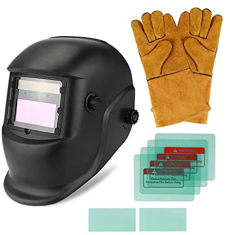 Welding Helmet Auto Darkening Solar Powered Welder Helmet with 6 Replacement Lens + Welding Gloves, Adjustable Shade 4/9-13 for TIG MIG ARC Weld Grinding, Welding Mask Hood Helmet