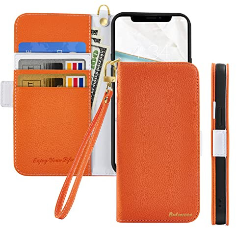 Butnyeoe Handyhülle für iPhone X/iPhone XS Klappbar Hülle,Litschi Textur Leder Wallet Schutzhülle Tasche Flip Cover Case,Magnetic Closure Klapphülle mit Kartenfach Standfunktion,Orange