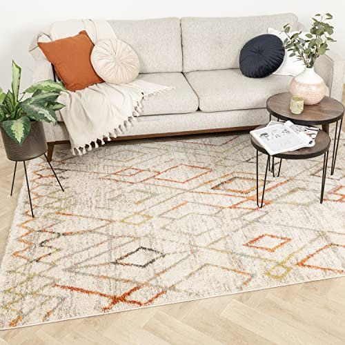 FRAAI | Home & Living Hochflor Teppich - Blend Diamond Creme Bunt - Kariert, Boho, Modern, Skandinavisch, Wohnzimmer, Esszimmer, Schlafzimmer - Fellteppich - Carpet