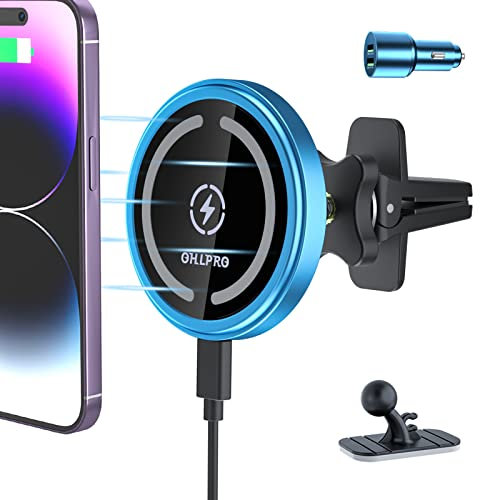 OHLPRO Magsafe Support de Téléphone Magnétique pour Tableau de Bord de Voiture, 15W Chargeur Induction, sans-Fil de Voiture avec iPhone 16/15/14/13/12 Series, avec Adaptateur et Base Adhésive 3M