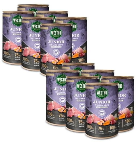 WESTHO Hundefutter Nassfutter Junior (12 x 400g) | 75% Weidelamm und Pute in Lebensmittelqualität | Getreidefrei | Für Welpen und Junghunde Aller Rassen | Gesundes Wachstum
