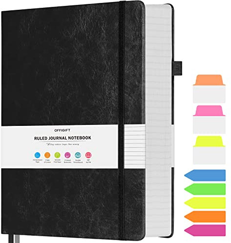 OFFIGIFT Notizbuch B5 liniert, Hardcover Tagebuch mit 312 Nummerierten Seiten, 100g/m² Tintenfestes Papier Dickes Notizbücher, Leder Tagebuch für Erwachsene Frauen Männer, 19,3 x 26,4 cm, Schwarz
