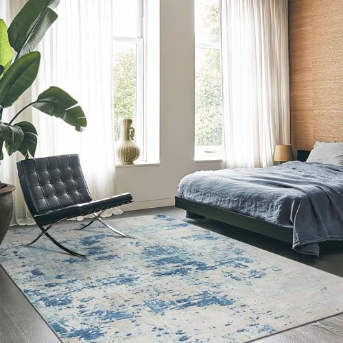 TALETA Teppich Wohnzimmer, waschbarer Teppich Kurzflor rutschfest, Moderner-Teppich für Wohnzimmer,Schlafzimmer, Esszimmer, blautöne-Teppich mit grauem Muster, Groß: 120x170cm