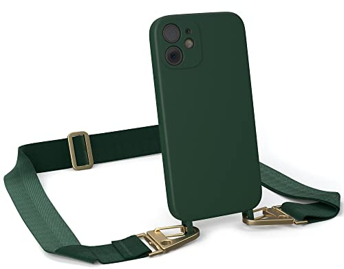 EAZY CASE - Hülle mit Band kompatibel mit iPhone 12 Mini Handyhülle mit Umhängeband Silikonhülle Schwarz Handykette zum Umhängen Handykordel Schutzhülle für Smartphone in Pinien Grün - Clips Gold
