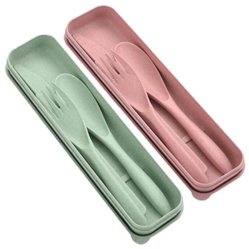 LMOGWL 2-Piece Plastic Portable Travel Cutlery Set, Reusable Set with Fork, Spoon, Knife, Camping Cutlery Set with Box, Suitable for Outdoor or Daily use in Picnic Offices (Green/Pink)