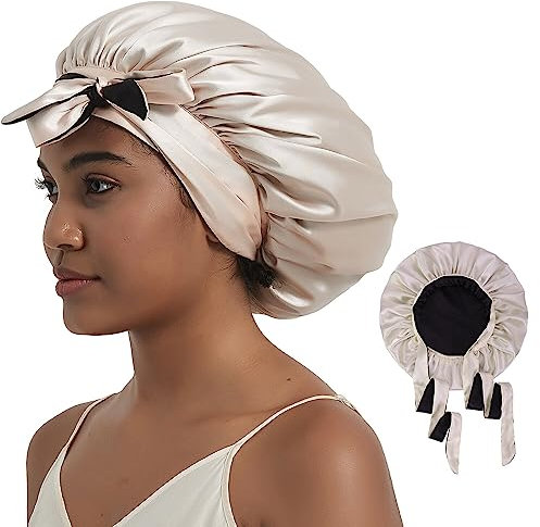 Hat Hut Satin Bonnet Silk Bonnet for Sleeping Cap for Curly Hair Bonnet for Women Double Layer Reversible Bonnet with Tie Band (Champagne/Black)