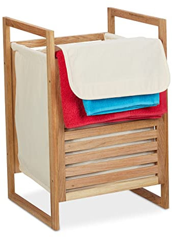 Relaxdays Wäschekorb Walnuss, HxBxT: 60x40x35 cm, Wäschesammler mit Deckel, 50 L, für Schmutzwäsche im Bad, Natur/beige