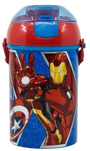ILS I LOVE SHOPPING Botella Pop UP 450 ml con correa y cierre tapón para niños escolares (Avengers Superhéroes)