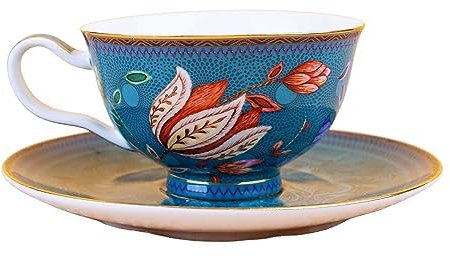 Pfedxoon Porcelain Tea Cups and Saucers, 240 ml Coffee Cups with Gold Trim and Gift Box (Sapphire Blue)