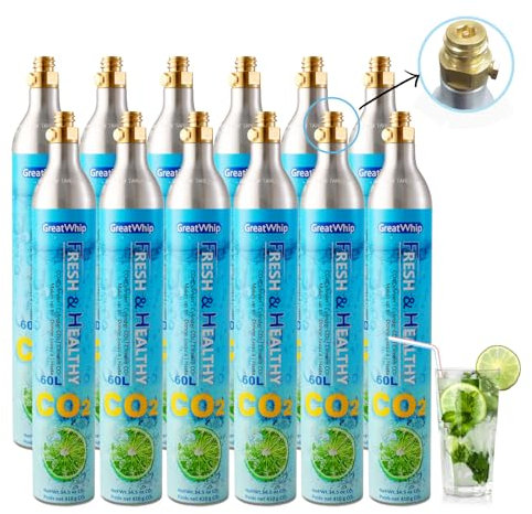 GreatWhip 60 Liter CO2 Gas Cylinder, Compatible with SodaStream, Aarke Screw In Carbonators, 14.5 oz Thread Refill Cartridges, Making Fizzy Carbonated Sparkling Water, 12 Pack