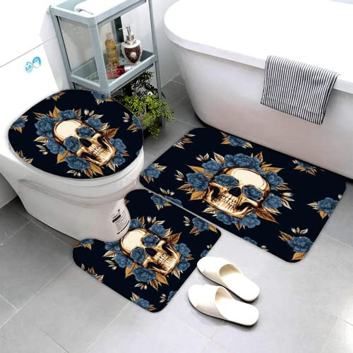Totenkopf Blume Badteppiche Set 3 Teilig Mikrofaser Badvorleger Gotisch Blau Rutschfestt Waschbar Badematte U-FöRmiger Wc-Vorlegermit Deckelbezug FüR Badewanne Dusche Badezimmer 50x80