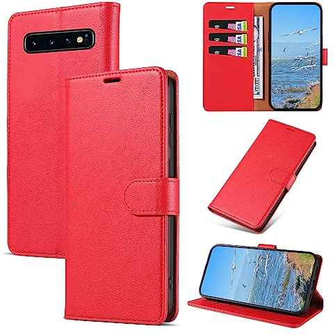 KKEIKO Hülle Kompatibel mit Samsung Galaxy S10 Plus, Magnet Klappbar Handyhülle mit Kartenfach, PU Leder Stoßfest Schutzhülle für Samsung S10 Plus, Rot
