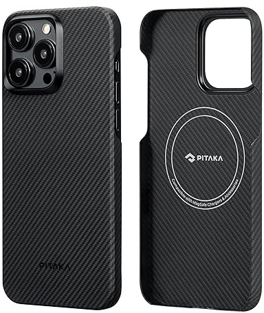 pitaka Hülle für iPhone 15 Pro Max aus Aramidfaser Kompatibel mit Magsafe Ultradünne Handyhülle Magnetische Schutzhülle mit Kameraschutz und Textur Haptik [MagEZ Case 4] Schwarz/Grau