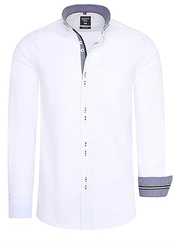 Freizeit Herren Hemd mit Ausgefallenem Knopf-Design und Eleganten Kontrast Elementen Body Fit Langarm Kent Kragen Stretch-Hemd 025