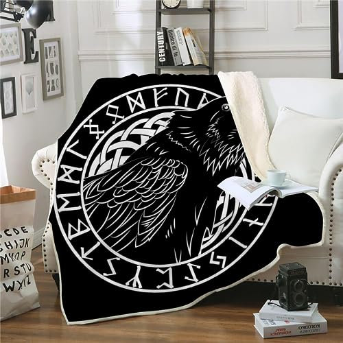 WIKINGER Kuscheldecke Sherpa Decke 130x150 cm Mikrofaser Super Weich und Warme Winter Blanket 3D Viking Rabe Wohndecke Kinder Fleecedecke Flauschige Sofadecke für Sofaüberwurf Tagesdecke