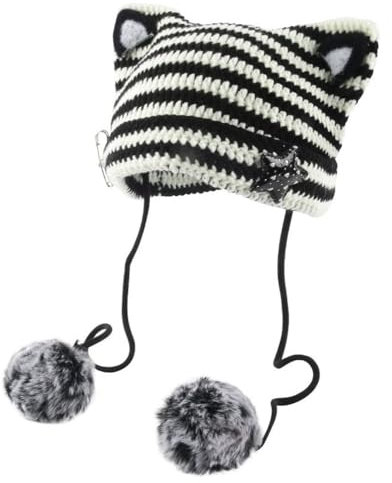 LUXRUB Süße Katzen-Mütze, Häkelmütze Mit Bommeln, Y2K-Streifen, Gestrickte Totenkopfmützen, Warme Winter-Sternmützen Für Frauen Und Mädchen (Color : Black and White, Size : One Size)