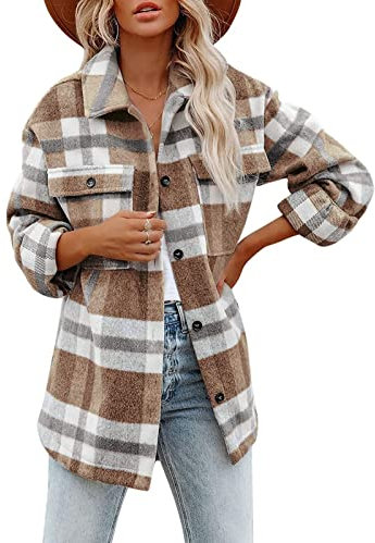 Veste Carreaux Laine Femme Manteau Femme Carreaux Chic et élégant Bouton Down Veste Carreaux Femme Chaude Hiver Longue Chemise Carreaux Flanelle Surchemise