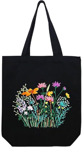 MAMUNU Canvas Tote Bag Embroidery Kits with Floral Pattern for Beginners, Arts and DIY Crafts Kits for Adults, Cross Stitch Canvas Bag Embroidery Tote Bag Kit with Embroidery Hoops Instruction