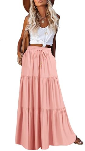HAEOF Jupe longue d'été bohème taille haute pour femme - Coupe trapèze fluide à volants - Longue jupe de plage à volants avec poches, rose, Taille L