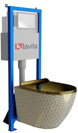 Lavita LAV 101 Vorwandelement für WC 40cm + Wand Hänge Tiefspül WC SOFI SLIM GOLDEN NEVER DIE Spülrandlos + Bedienplatte LAV 200.4.1 Weiß | Komplettset | Unterputz Spülkasten | Toilette Komplett Sett
