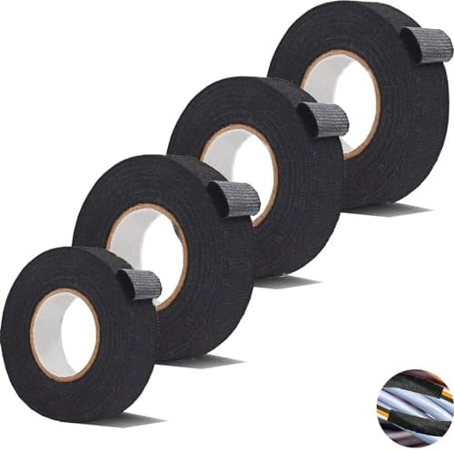 YQBFTC 4 pezzi Nastro Isolante in Tessuto,19mm*15m Nastro Telato Nero,Nastro per Cablaggio Auto,Nastro Isolante per Alte Temperature,Nastro Adesivo Telato Nero per Fili a Vista-Auto,Moto e Cavi
