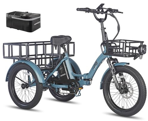 Fafrees F20 Mate Ebike Dreirad Lastenfahrrad 20 * 3.0 Zoll, E Bike Klapprad 48V 21Ah Akku, E Bike 3 Rad 65N.m 25km/h, Dreirad für senioren (Vorderer Korb + großer hinterer Korb, Blau)