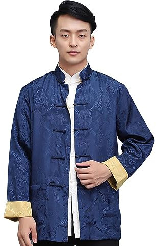 DLSNZ Veste traditionnelle chinoise pour homme Kung Fu Hanfu & Tang Costume Veste Wing Chun uniforme pour arts martiaux, Bleu + or, Large