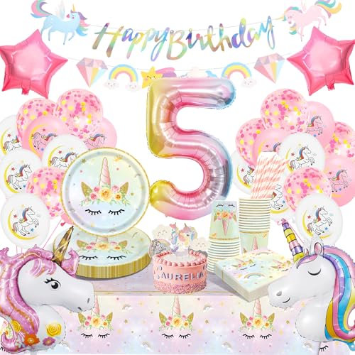 HLEIUKT 5 ans Anniversaire Licorne Decoration Fille, 5 Ans Decoration Anniversaire Licorne Ballon Kit Vaisselle Assiettes Gobelets Serviettes pour Party Fête