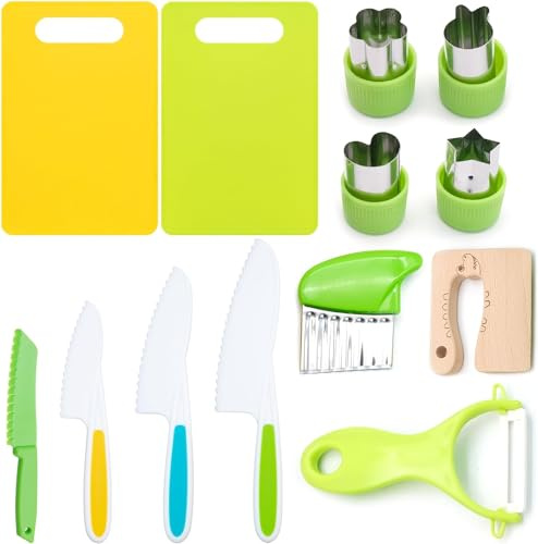 JLNGTHONG 13 PCS Kitchen Knives for Children Toddler Safe Knives Set for Real Cooking Plastic Cooking Sets with Cutting Board, Plastic Knives, Potato Slicer, Peeler