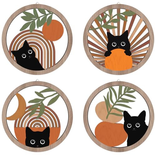 HPNIUB Boho-Wanddekoration mit schwarzer Katze, geometrisches Holzbild, 25,4 x 25,4 cm, Mitte des Jahrhunderts, böhmischer abstrakter Mond und Sonne, Holzschild für Kinderzimmer, Schlafzimmer,