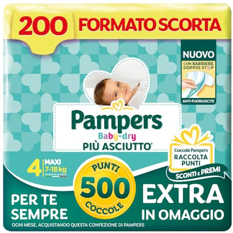 Pampers Baby Dry Maxi, Taglia 4 (7-18 kg), 200 pannolini, con 500 Punti Coccole extra in omaggio